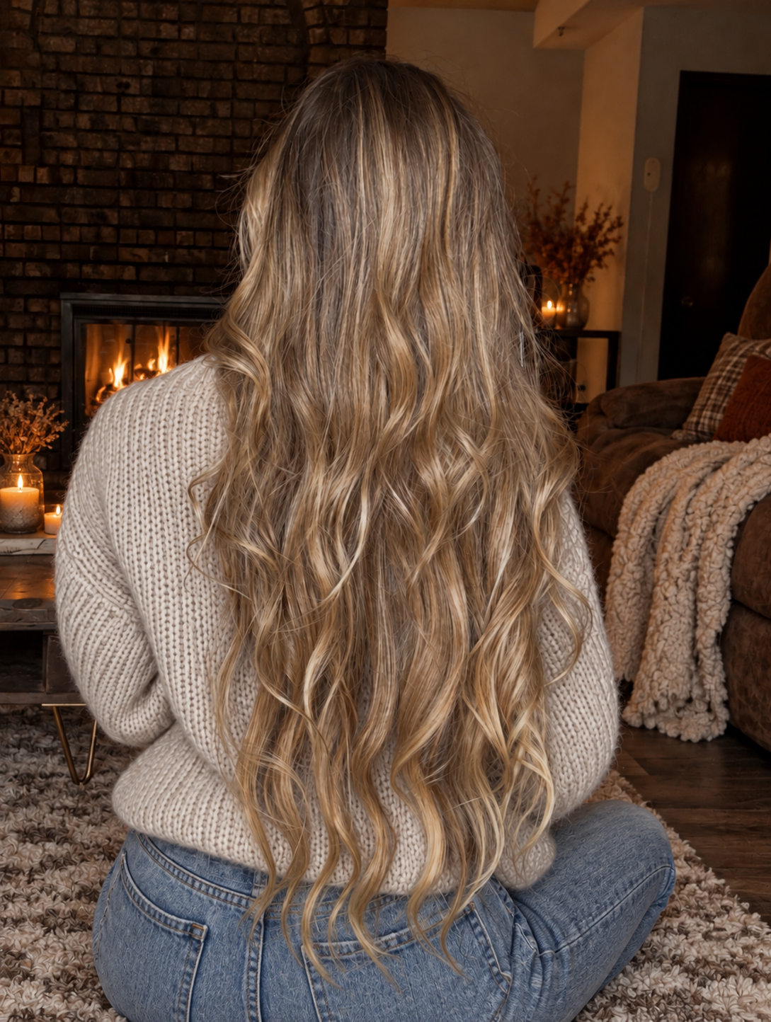 Long wavy hair in a cozy sweater by the fireplace