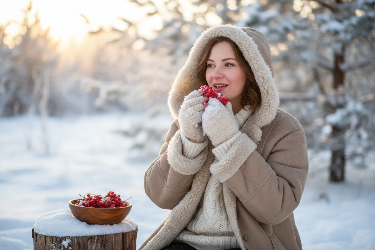 Woman in winter eating berries